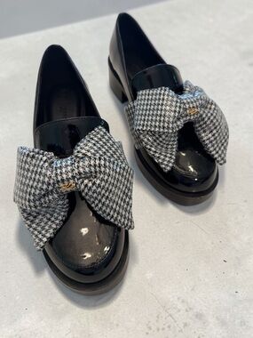 Karl Lagerfeld Black Patent Loafers with Houndstooth Bow Accent